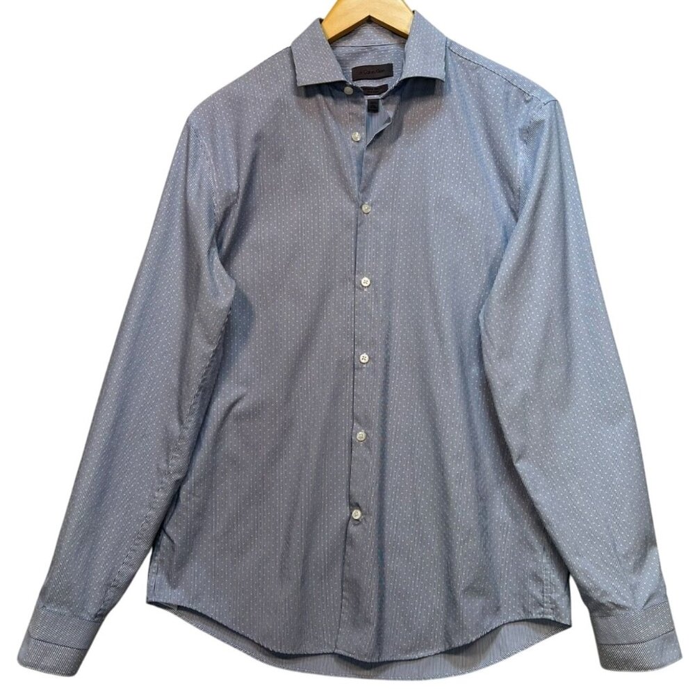 Calvin Klein Men Extreme Slim Fit Dress Shirt Non Iron Sz 15.5 Blue White Stripe